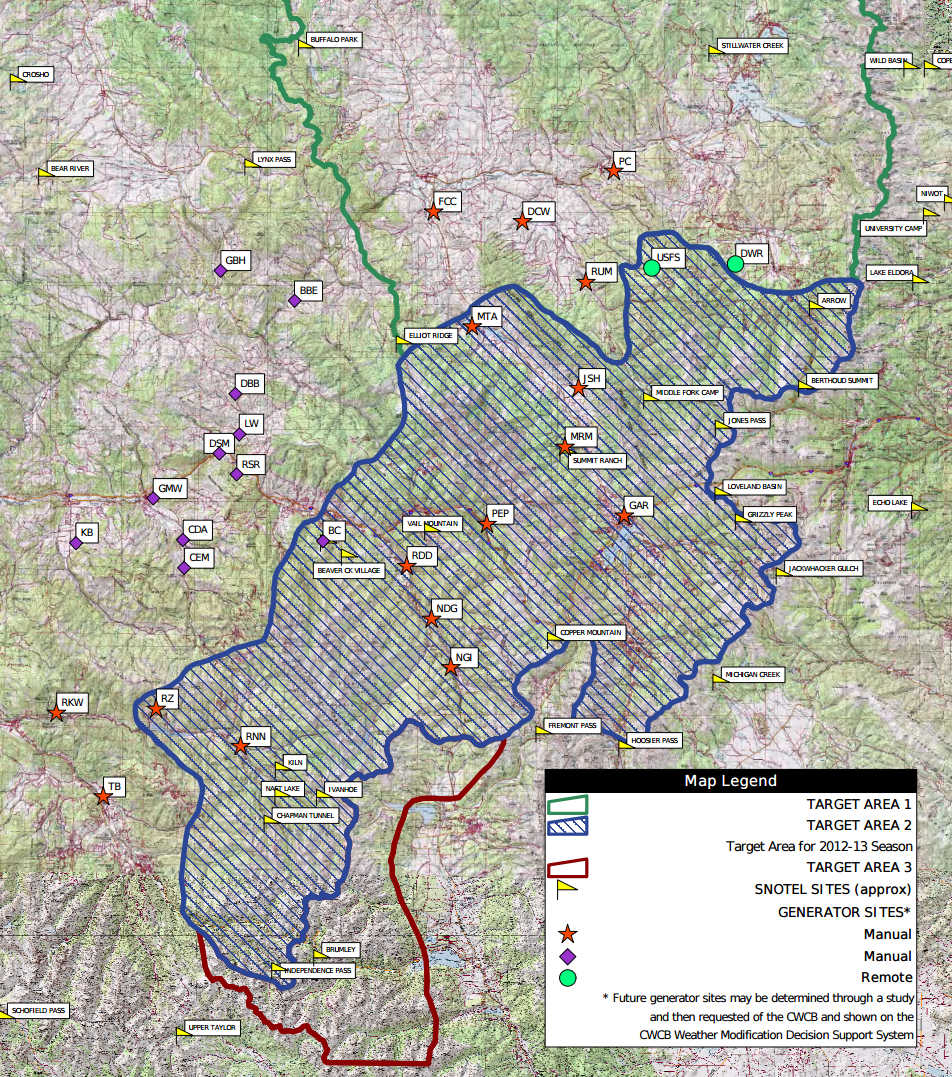 Central Colorado Mountain River Basins Program cloud seeding generator map